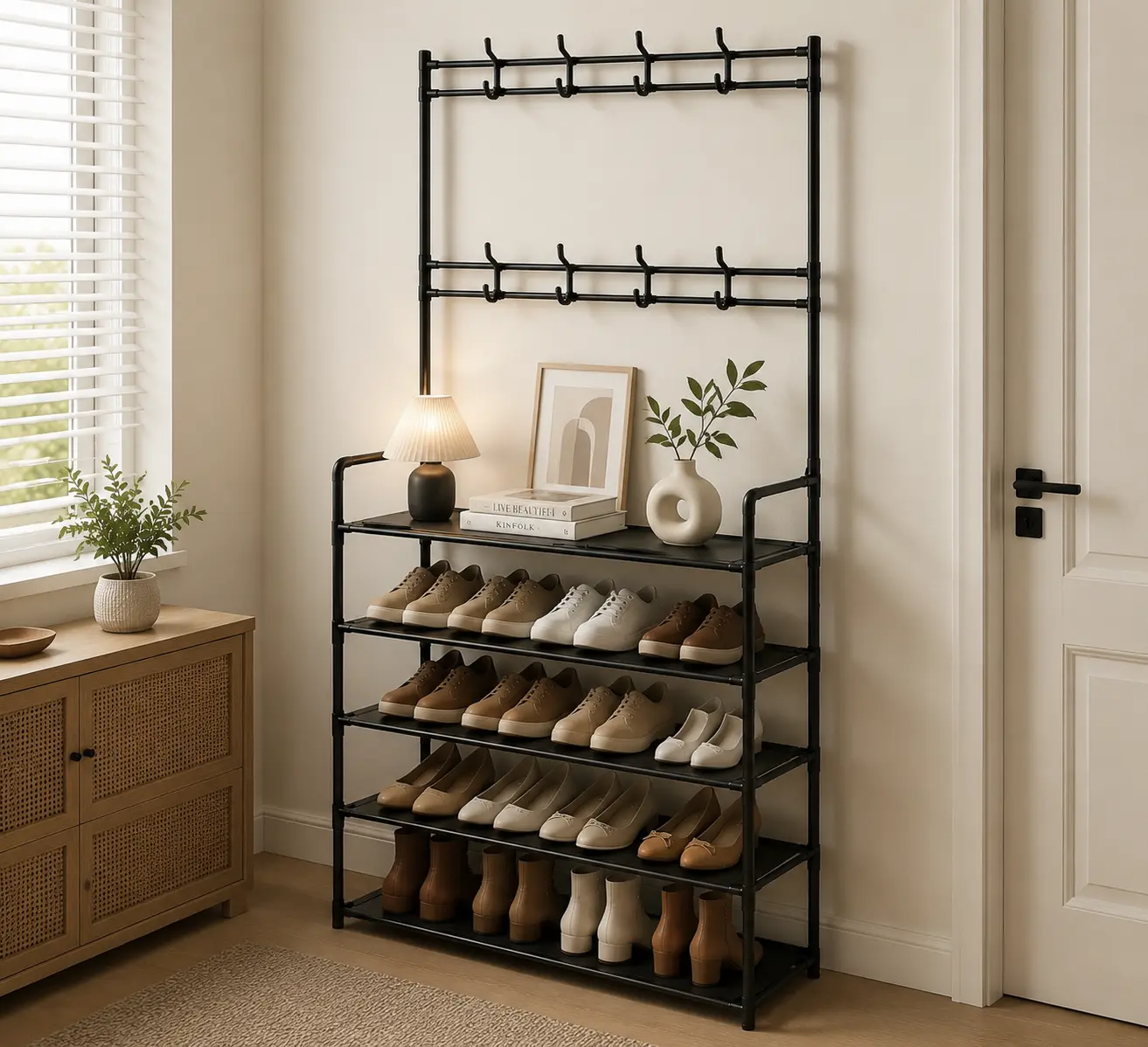 5-Tier Multifunctional Shoe Rack with Double Row Hooks, Freestanding Entryway Organizer with Fabric Shelves for Coats & Bags, Black/White