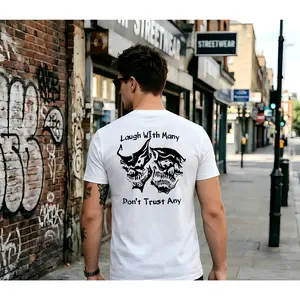 Laugh with Many, Don’t Trust Any Skulls Print Men's T-Shirt, Gift For Him, Gift For Her, Trending Shirt streetwear graphic tee men gift comfy short sleeve t-shirt novelty t-shirt top black cotton crewneck casual short-sleeved