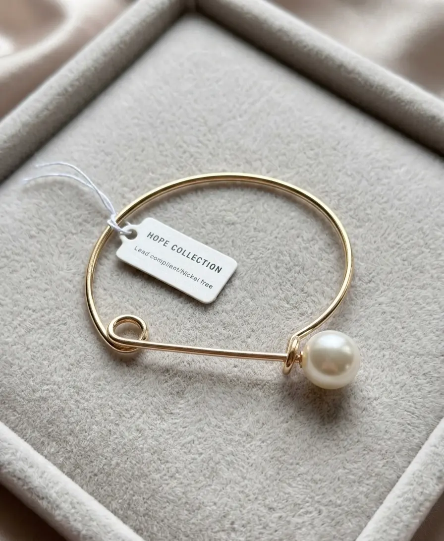 Adults' Minimalist Gold-Tone Safety Pin Bangle Bracelet - Lead Compliant, Rigid Wire, Faux Pearl Decoration, Large Size, Suitable for All Seasons, Safety Pin Bracelet, White Pearl Bracelets & Anklets, Simulated Pearl