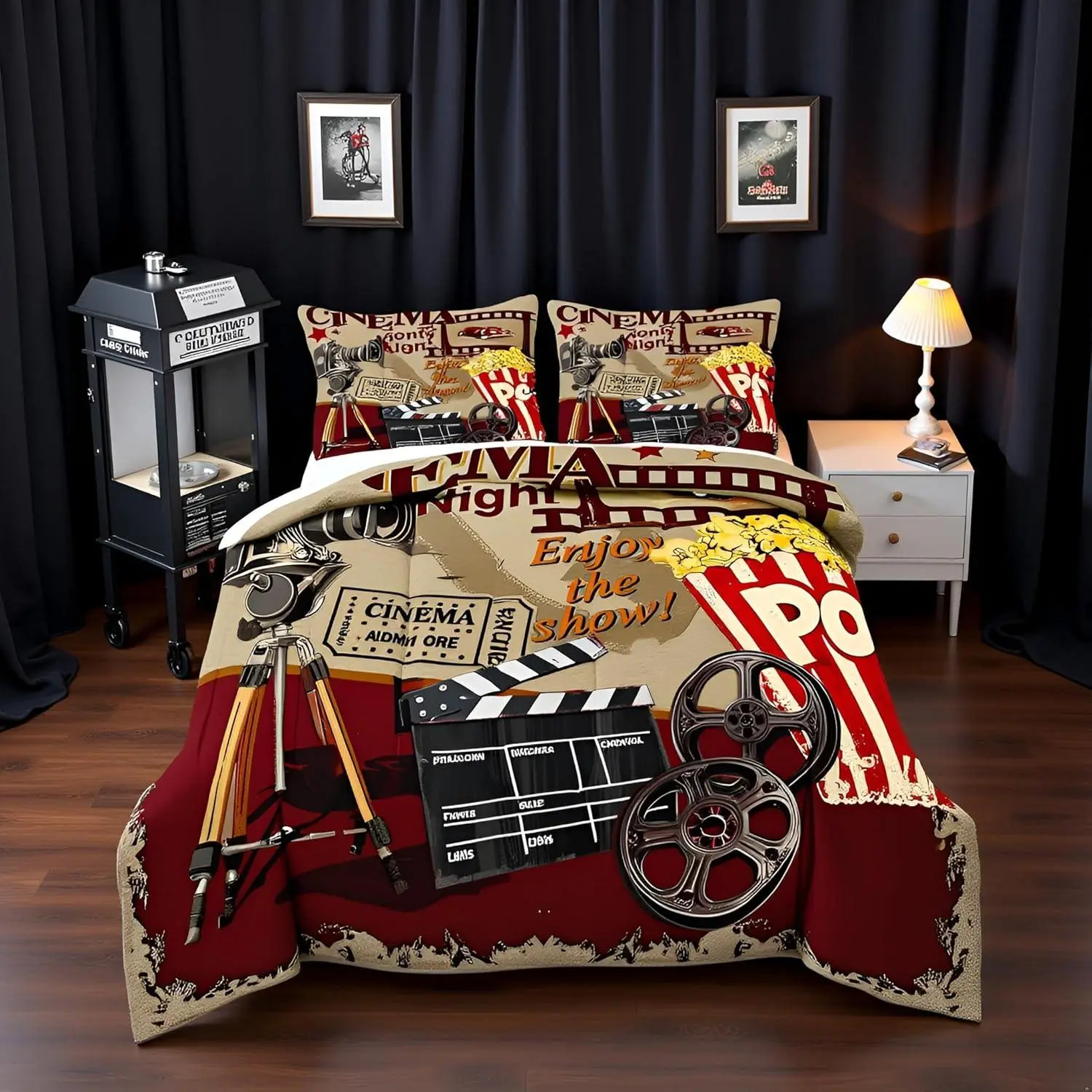 Retro Cinema Comforter Set,Movie Theater Theme Bedding Set Adults,Popcorn and Film Comforter Luxury Vintage Cinema Ticket Quilt Set Room Decor