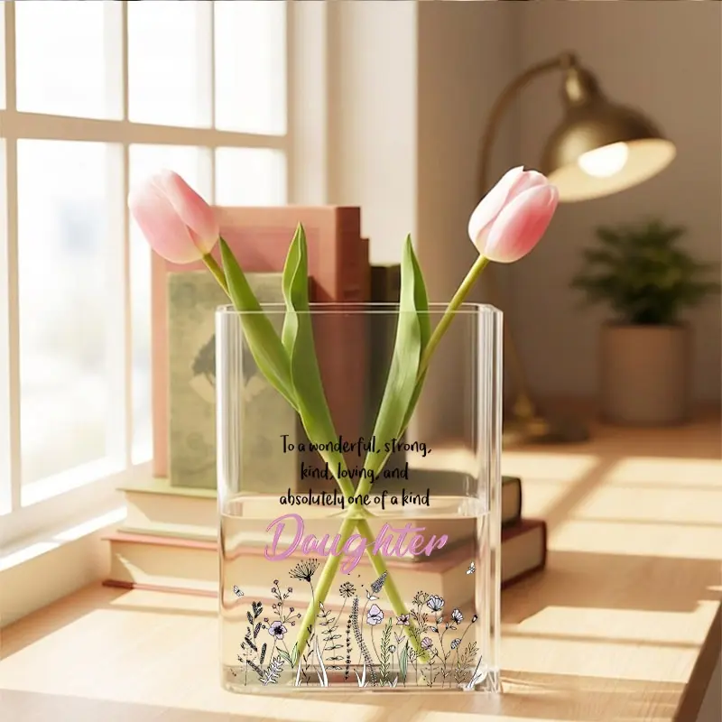 1pc Transparent Acrylic Book Vase, Warm Floral & Butterfly Design for Daughter, Ideal for Desk & Home Decoration, Delicate Flower - Plant Border, Loving Message for Unique Daughter, All - Match Size