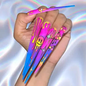 Neon Pigment Extra-Long Artificial Nails, Hand-Drawn Artwork, Colorful Artistic Details