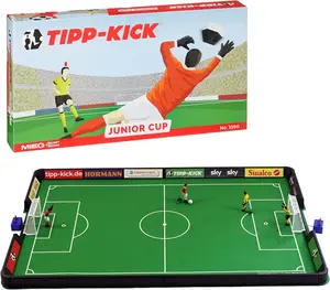TIPP-KICK Junior Cup Soccer Tabletop Game Set – 83x56cm Felt Field, 2 Metal Kickers, 2 Goalkeepers, Goals & Balls – German Family Toy for Kids & Adults, Portable Sports Fun