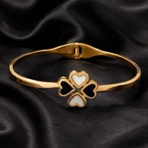 Gold Heart Clover Bangle Bracelet with White Stone Accent for Women's Fashion Jewelry