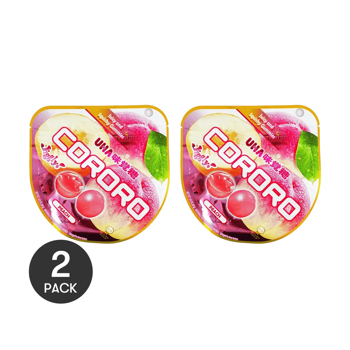 2 Pack UHA Cororo Fruit Gummy Peach Flavor 1.41oz Each - Japanese Candy, Real Juice, Chewy & Juicy