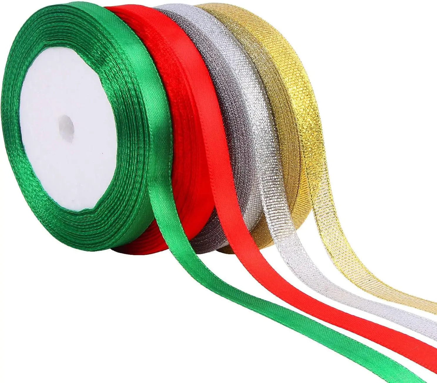 4 Rolls Christmas Ribbon Metallic Glitter Satin Gift Ribbons | Metallic Glitter Satin Fabric, Christmas Holiday Festival Gift Wrapping, Decoration Ribbon for Gifts, 4 Rolls 100 Yards 10Mm DECYOOL