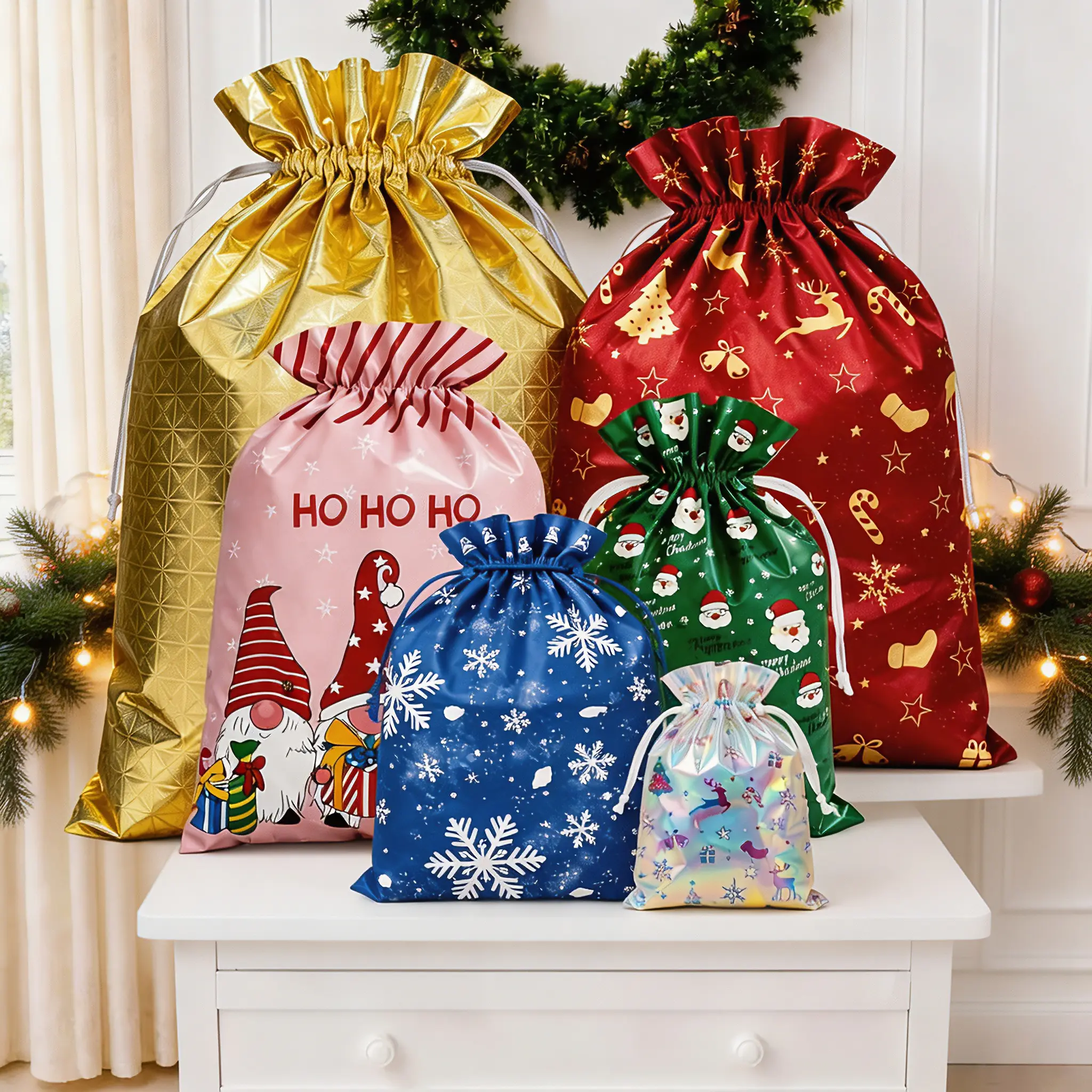 54PCS Christmas Drawstring Gift Bags Set, Reusable Foil Holiday Gift Bags with Ribbons, 6 Assorted Sizes & 18 Christmas Designs, Santa Snowman Reindeer Xmas Gift Wrap Bags for Treats, Candy, Presents, Party Favors, Stocking Stuffers & Holiday Decorations