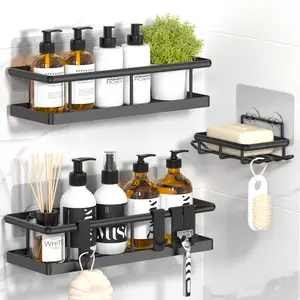 Black, Wall-Mounted Shower Holder, No Drill Bathroom Organizers, Removable Hooks, Rust Proof Shelves Handheld Racks Stainless Steel inside shelf Fathersdaygifts