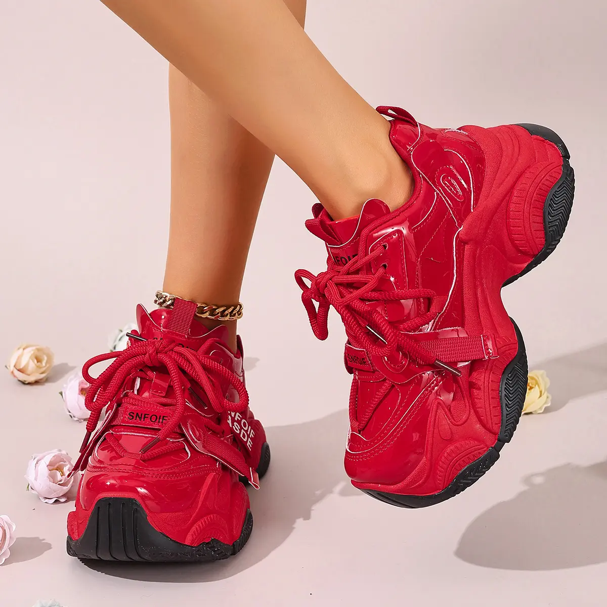 AOPLUS Womens Chunky Platform Sneakers Red Dad Shoes. Pop Of Red Cherry Y2K Streetwear. Wide Toe Box Standing All Day Comfort Foot Pain Relief. Anti Slip Thick Sole Breathable Athletic Casual Walking Shoes Ladies.