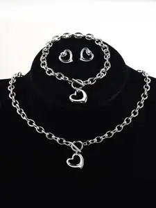Stainless Steel Heart Design Chain Link Jewelry Sets, Necklace Bracelet Earrings, Chunky Chain for Holiday Gifts for Girlfriends