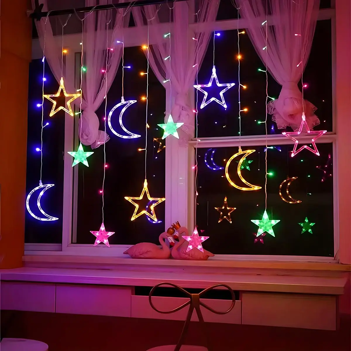 Star Moon LED Curtain Light, Ambient Vibe Lights, LED Party Light, Electronic Lights, Mood Decorative Lights, Christmas Decoration Indoor Window Canopy, Bedroom Living Room Curtains, Starry Light, Holiday Decor, Festive Decoration