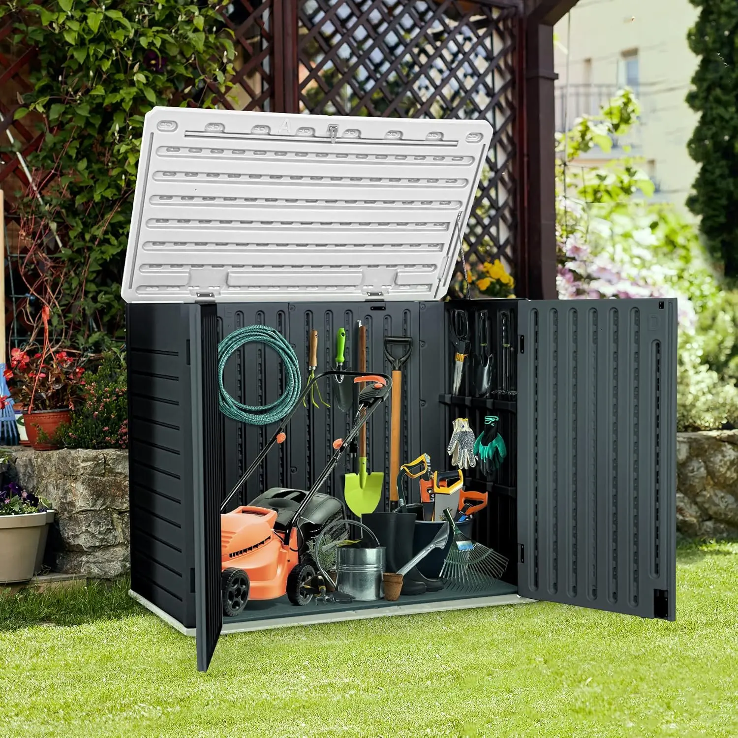 Yitahome Outdoor Resin Storage Sheds, 39 inch Height Lockable Waterproof Horizontal Shed, Easy to Assemble, Light Gray / Light Brown / Dark Gray