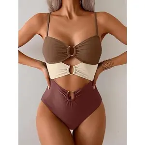 Women's Ring Linked Cutout Monokini One Piece Swimsuit, Sexy High Cut Bathing Suit for Spring Glow Up & Beach Vacation