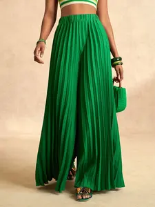 Vibrant Pleated Palazzo Wide Leg Pants, High Waist Flowy Long Pants, Summer Vacation Essential, Stylish and Comfortable, Elegance