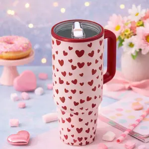 1pc 40oz Heart Print Tumbler with Handle and Lid, Stainless Steel Insulated Travel Mug, Cute Red Heart Cup with Straw, Leakproof Coffee Tumbler for Water Iced Drinks, Large Capacity Car Cup for Women Girls Gift for Mom Daughter Friend