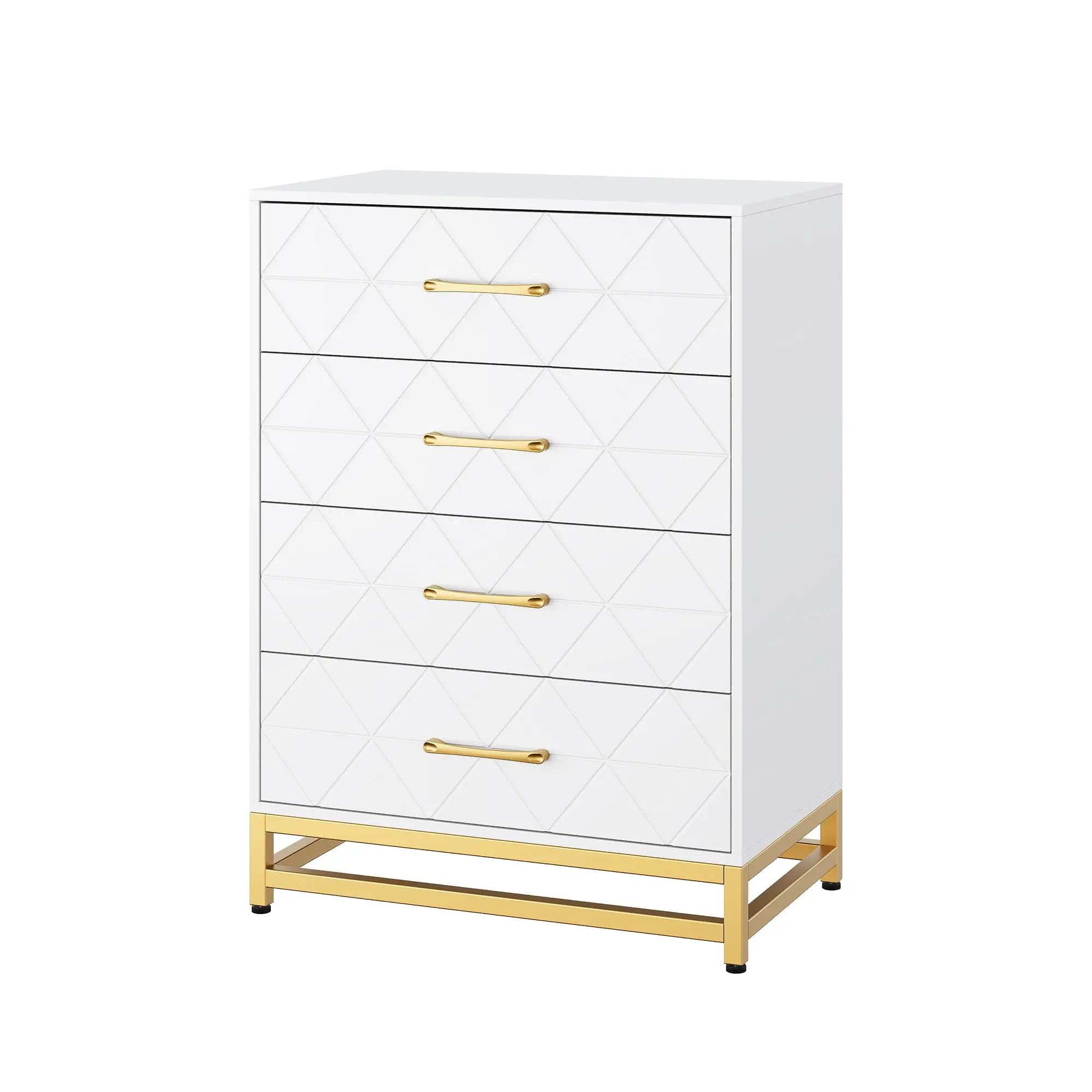 【Christmas Gift】Storage Cabinet  4 Drawer Triangle Pattern Chest - MDF + PB + Iron  White  Compact Storage for Bedroom  Living Room  or Office