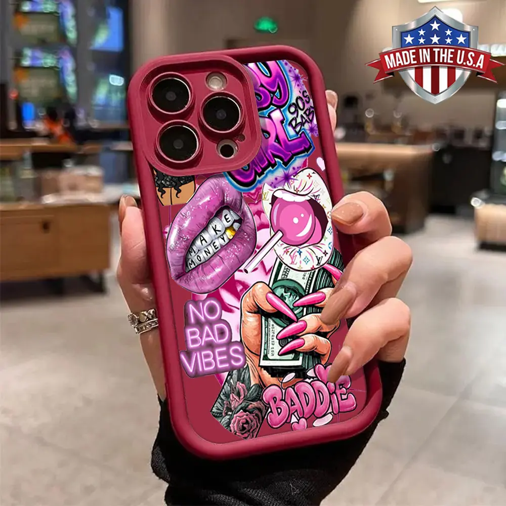 Japanese Glam Trendy Baddie Pink Lips Money Collage Aesthetic Phone Case for iPhone 17-11, XR, XS, Plus, Air; Samsung S25-S22, A71, A56-A53, A52 - Anti-Drop, Crash-Proof, Shockproof, Durable Soft TPU Cover, Phone Accessory Gift for Teens