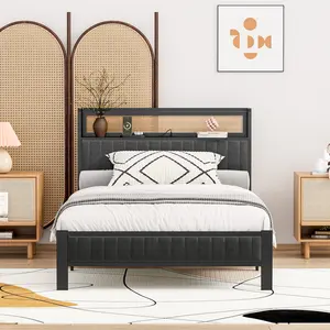 【SogesPower】Bed Frame Sturdy Durable with Synthetic Rattan Woven Headboard 2 Three-Prong Sockets 2 USB Ports Eco-Friendly Materials