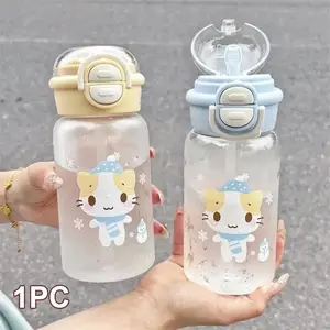 500ml Cute Cat Straw Water Bottle (with Lid) — Simple, Portable Plastic Cup with Straw, Designed for Kids' Outdoor Activities, School, and Travel; Includes DIY Stickers