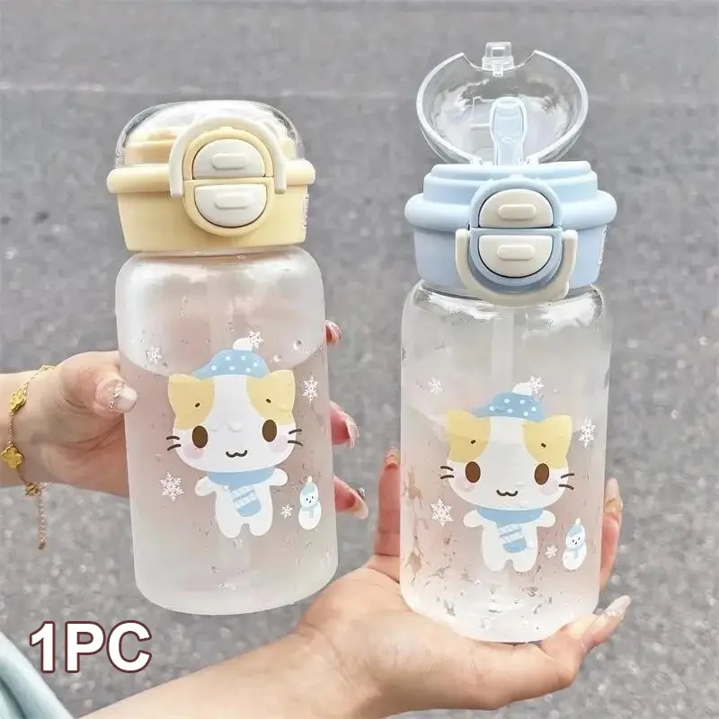 500ml Cute Cat Straw Water Bottle (with Lid) — Simple, Portable, Reusable Plastic Cup with Straw, Designed for Kids' Outdoor Activities, School, and Travel; Includes DIY Stickers, Water Bottles with Straw