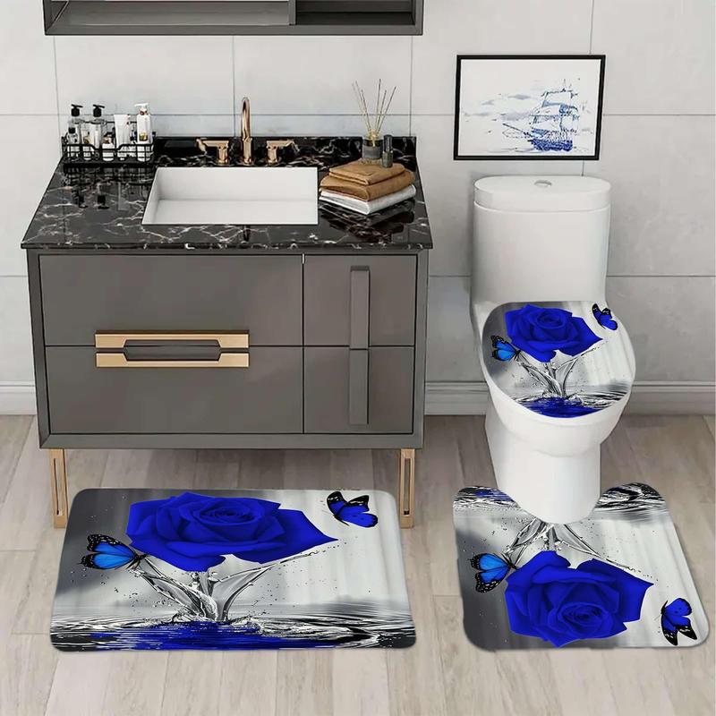 1/4pcs Watercolor Rose Shower Curtain Set - Includes Non-Slip Bathroom Mat, Toilet U-Shaped Pad, Toilet Seat Cover, Decor & Bathtub Divider with 12 Hooks Perfect for Housewarming & Christmas Gifts