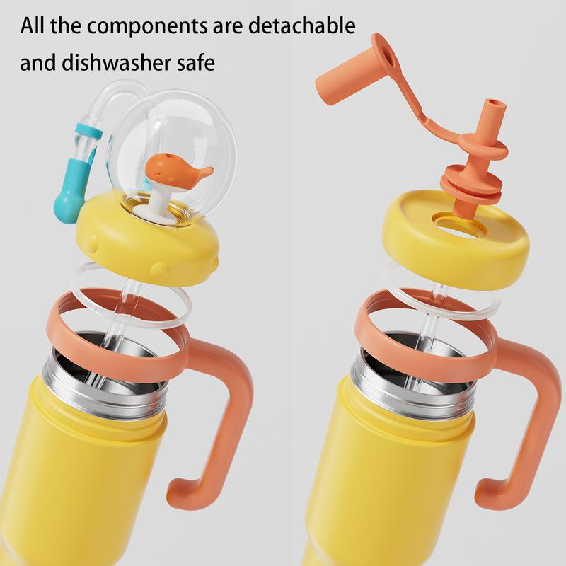 【COMOBEBE】24oz Stainless Steel Whale Fountain Tumbler – Spill-Proof, Dual Lids, Durable Handle, Dishwasher Safe, Cute and Fun for Kids & Adults