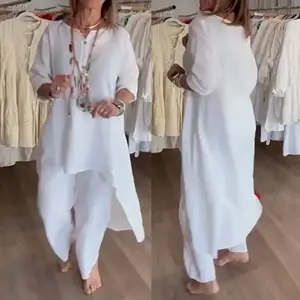Women's Cotton Linen Set Casual Plus Size Long Top Wide Leg Pants Two-Piece Set