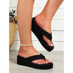 Korean Style Wedge Sandals for Women, Lightweight Thick Sole Beach Flip Flops, Casual Plain Design, Less Than Ankle Height