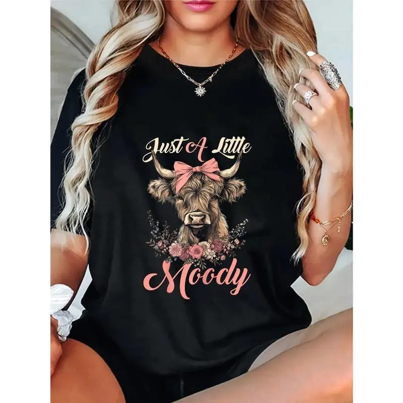 Women's 100% Cotton Round Neck Short-Sleeve Casual T-Shirt - Highland Cow, Just A Little Moody Flower, Funny Farm Farmer Theme, Summer Outdoor Tops