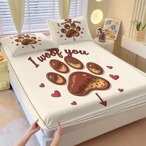 Healing Style Pet Theme Fitted Sheet Set, 1 Fitted Sheet & 2 Coreless Pillowcases, Dog Paw Print & I Woof You Text Mattress Protector, Soft Anti-Slip Wrinkle-Resistant, Pet Lover Bedroom Decor Gift Choice