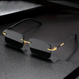 Mens Square Rimless Golden Frame Black Hip Hop Sunglasses Vintage Stylish Design Square Sunglasses