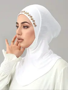 Women's Stretchy Hijab Cap Soft Fabric Elastic Breathable Design Suitable for Daily Wear, Pure Color Diamond Embellished Headwear
