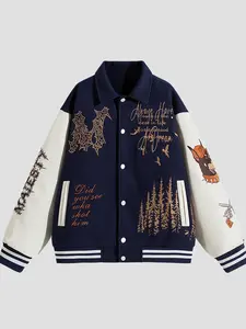 Men's Campus Baseball Jacket, Plaid Fabric, Embroidered Letter Tree Gun Dog Patterns, PU Leather Sleeves, Casual Spring Fall Wear