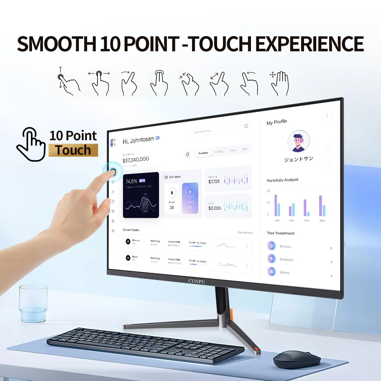 CUNPU G24FI07-X 24'' FHD 1080P IPS Touchscreen Monitor - 10-Point Touch, 75Hz Refresh Rate, HDMI/VGA/USB Ports - Office & Workstation Display for New Computers