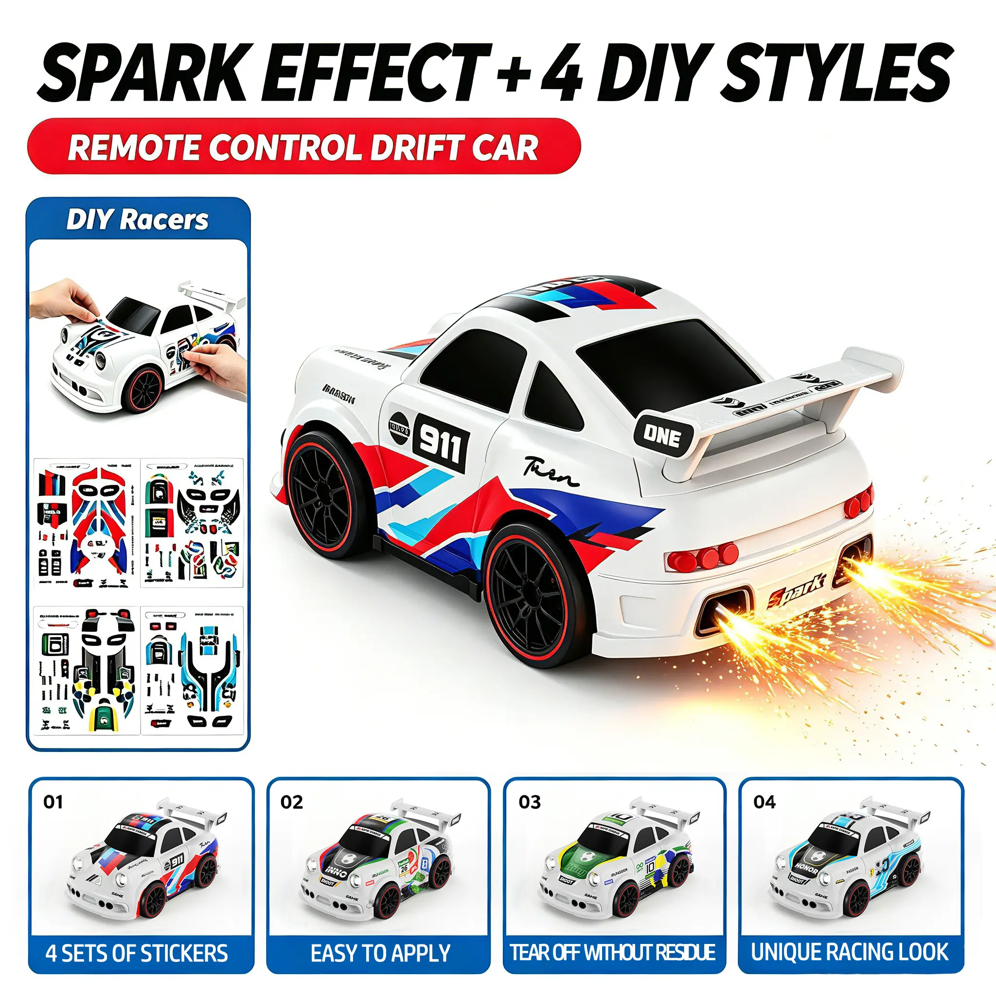 Spark RC Drift Car - Rechargeable High-Speed Remote Control Car for Kids and Adults, LED & DIY Stickers, Hobby Toy Gift