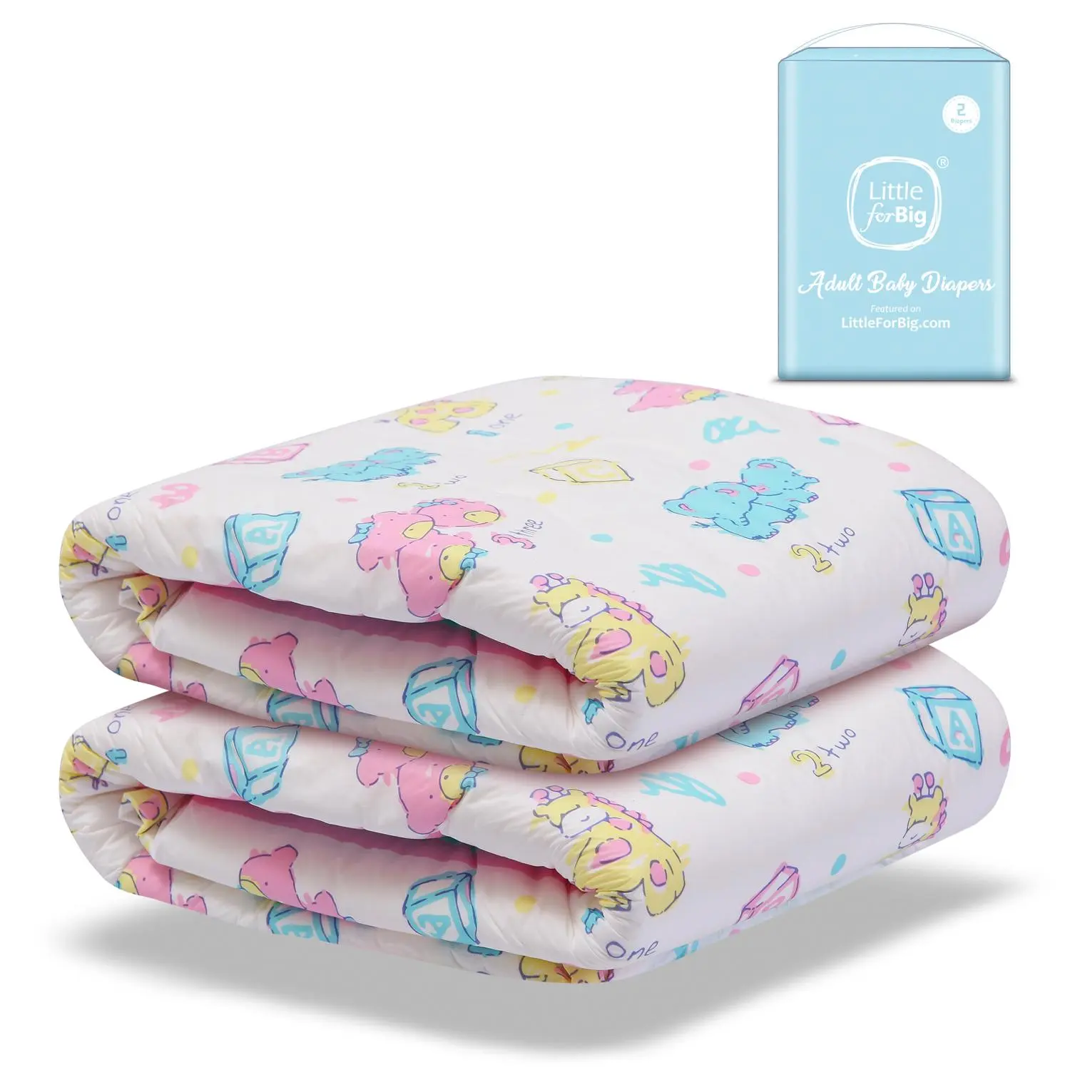 LITTLEFORBIG Adult Diapers Sample Pack - Large (L), 2-Piece, High Absorbency, Strong Plastic Backing, Ultra-Soft, Vintage Baby Print with Elephants & Counting, Overnight Protection