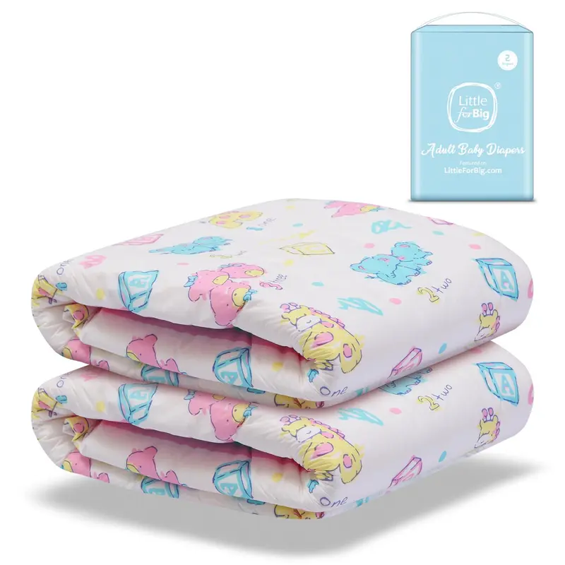 LITTLEFORBIG Disposable Adult Diapers Sample Pack - Large (L), 2-Piece, Over 181oz Capacity, Heavy Leak Protection, Maximum Overnight Use, Strong Plastic Backing, Ultra-Soft Vintage Print, Stretchy Legs, Size Fit Measurement, Counting Feature, Elephants
