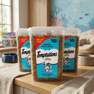 4 Packs Temptations Tuna Cat Treats 16oz Tub – Crunchy Outside Soft Inside, Low Calorie Cat Snacks, High Protein Treats for Picky Cats & Training Rewards