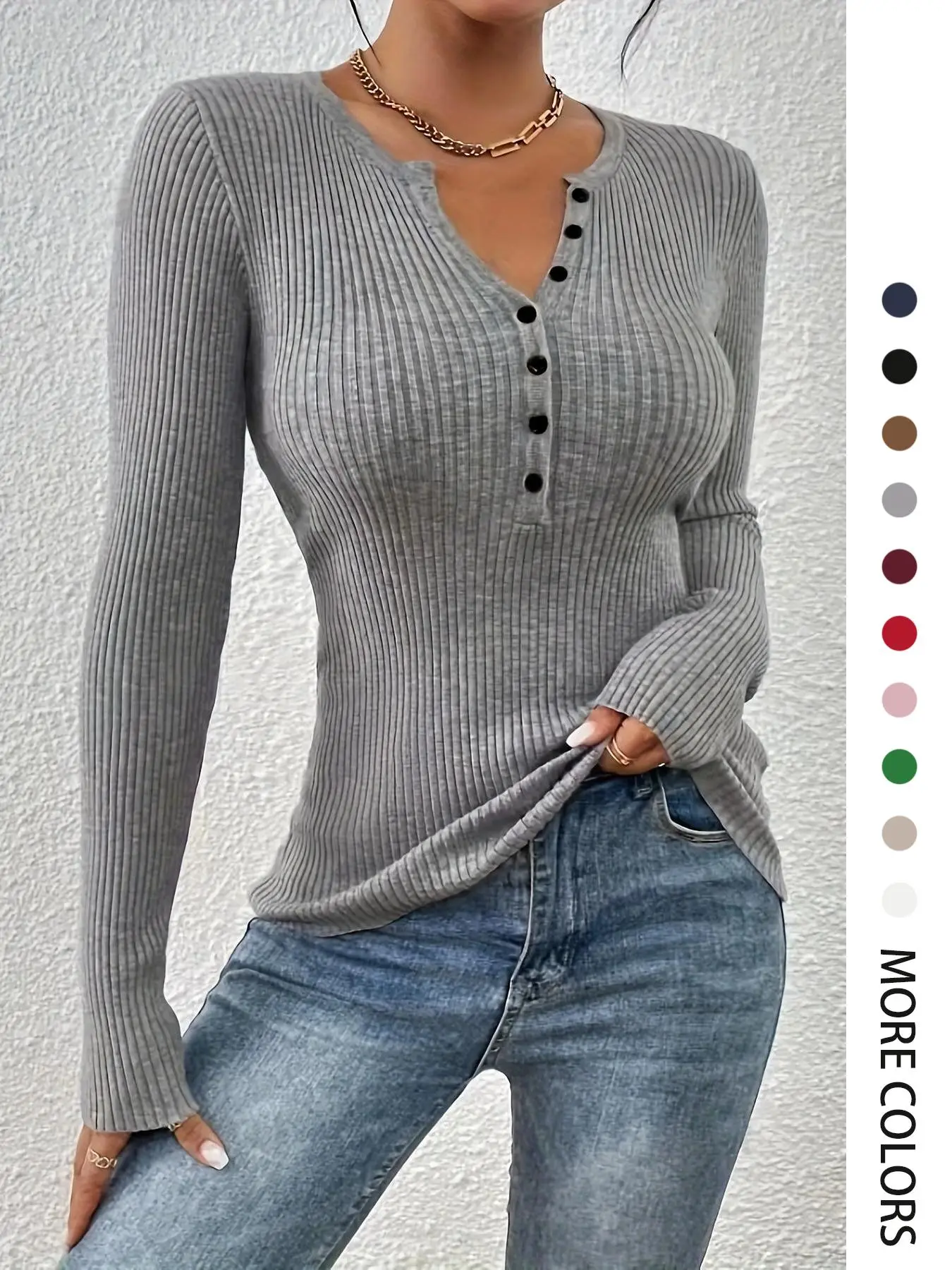 Women's Plain Button Front Ribbed Sweater Tops, 2025 Knitting Elegant Chic Slim Fit Long Sleeve Round Neck Jumper Tops for Spring, Fashion Ladies' Bas