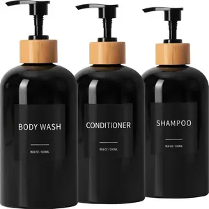 Shampoo and Conditioner Dispenser, Refillable Plastic Shampoo Pump Bottles with Waterproof Labels, Empty Body Wash Dispenser Set for Bathroom, Shower Soap Bottles (Black, Set of 3, 16.9oz)