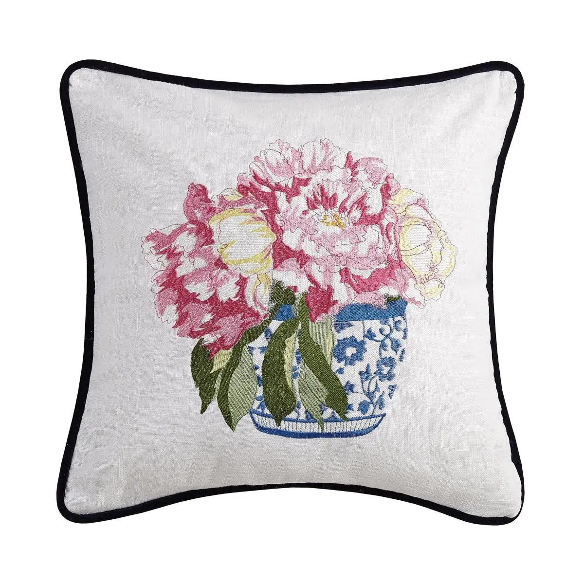 Peking Handicraft 24SER525AC16SQ 16 x 16 in. Pretty In Pink Flower Embroidered Square Pillow, Ramie & Cotton