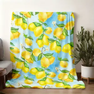 2026 New Arrival Watercolor lemons, leaves and flowers on blue background.png Print BlanketNordic Minimalist Flannel Throw, Winter Office Nap Blanket for Men & Women, Ultra-Soft Double-Sided Fleece