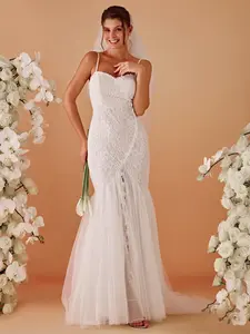 Ever-Pretty Spaghetti Strap Lace Backless Long Fishtail Wedding Dress Floral Outdoor Tulle EH90355