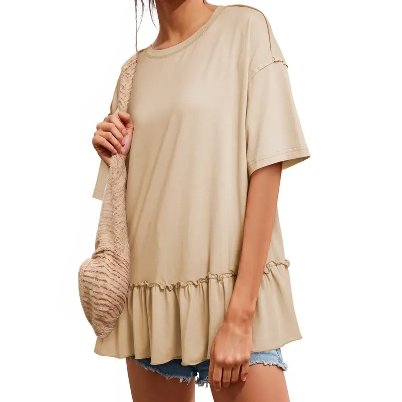 Dokotoo Womens Summer Tops Crewneck Short Sleeve Oversized T Shirts for Women Ruffle Hem Casual Basic Tee Blouses