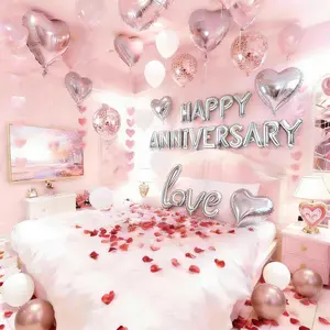 Romantic Anniversary Decor Set 1000 Rose Petals, Heart Balloons, and Happy Anniversary Banner