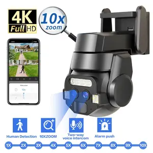 4K 8MP Outdoor Wifi Surveillance Camera Dual Lens 10X Zoom Ai Auto Tracking Color Night Vision Wireless PTZ Security Camera