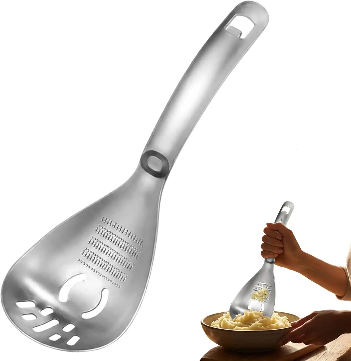 Multifunction Stainless Steel Cooking Grater Spoon, 5-in-1 Potato Masher, Garlic & Ginger Grater, Slotted Spoon, Egg Yolk Separator & Bottle Opener