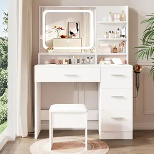 WeCharmer Makeup Vanity Desk Set, White, 35.4'Wx15.7'Dx53.9'H (Samrt LED Mirror, Open Shelves, with Cushion Stool, 4 Drawers, Hairdryer Rack, Power-Outlet)