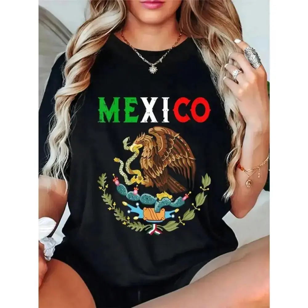 Womens Mexican Heritage T-Shirt Distressed Green White Red Mexico Letter Eagle Snake Cactus National Seal Print Casual Short Sleeve Black Cotton Top, Cinco De Mayo Shirt