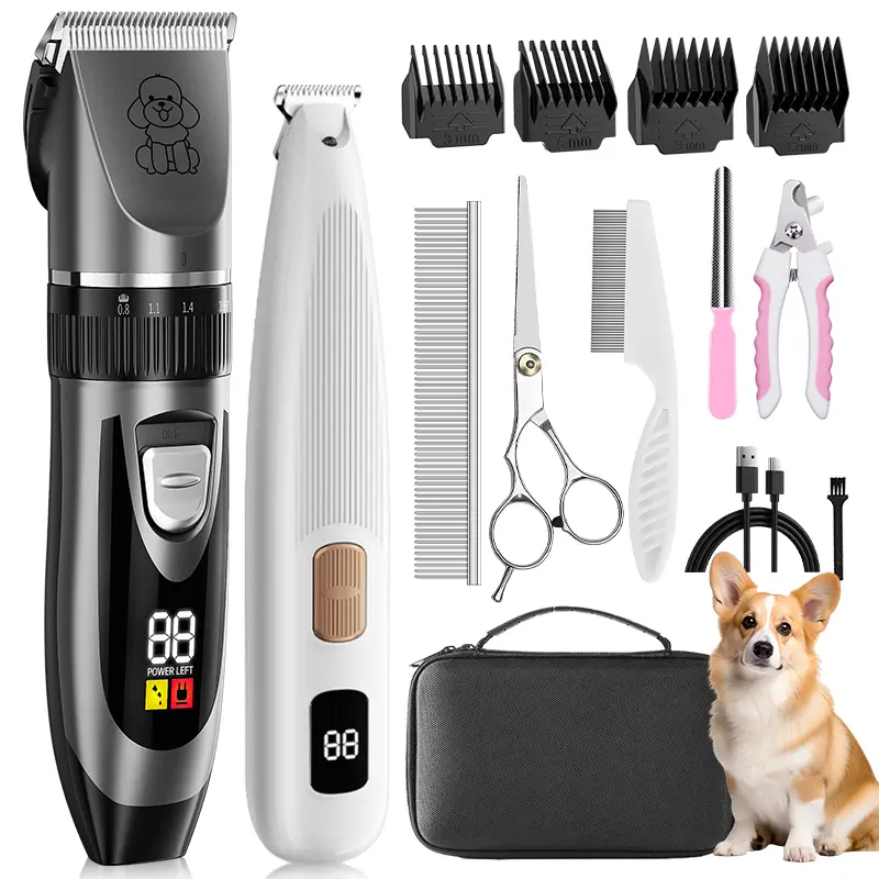KALHELA Dog Grooming Kit with Cordless Grooming Tool - Low Noise Rechargeable Waterproof Clippers for Heavy Thick Hair/Coats, Stainless Steel Blade, Paw Trimmer for Dogs